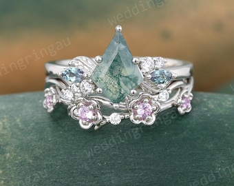 Kite cut Moss agate engagement ring set Vintage White gold Leaf engagement ring pink sapphire ring Floral Curved wedding ring Promise Gift