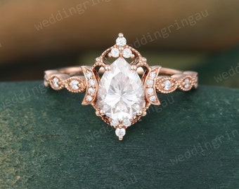 Moon Design Pear Moissanite Ring Vintage Rose Gold Teardrop Moissanite Engagement Ring Half Eternity Milgrain Wedding Promise Ring