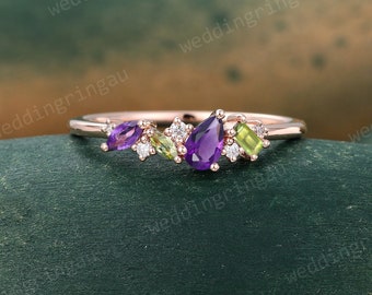 Marquise Cut Amethyst Wedding Band Unique Cluster Peridot Wedding Ring for Women Rose Gold Stackable Band Bridal Gift Anniversary Band