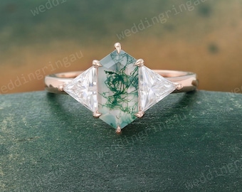 Hexagon cut Natural Moss agate engagement ring Unique Rose gold ring Triangle cut Moissanite ring Three stone ring Art deco promise gift