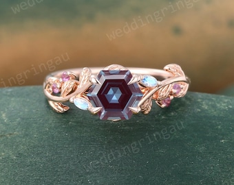 Vintage Hexagon cut Alexandrite Ring Unique Rose Gold Floral Leaf Engagement Ring Marquise cut Moonstone ring Amethyst Ring Anniversary Gift