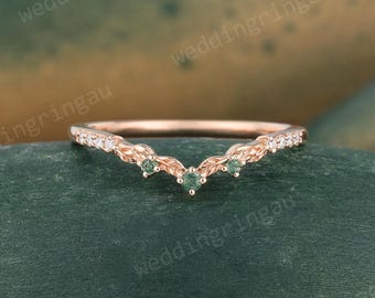 Round Cut Moss agate Wedding band Vintage Rose Gold Moissanite Curved Wedding Ring for Women Art Deco Stacking Matching Ring Promise Ring