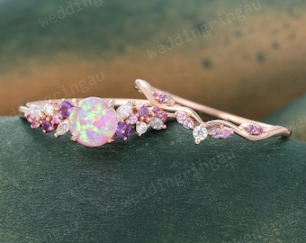 Pink Opal Engagement Ring Set Vintage Rose Gold Bridal Ring Set Amethyst Ring Pink Sapphire Curved Wedding Ring Diamond Ring Promise Ring