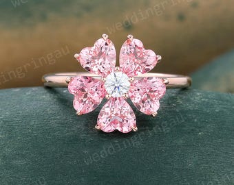 Floral Pink Sapphire Ring Unique Rose Gold Heart Shaped Engagement Ring Moissanite Art Deco Bridal Ring Nature Inspired Promise Ring