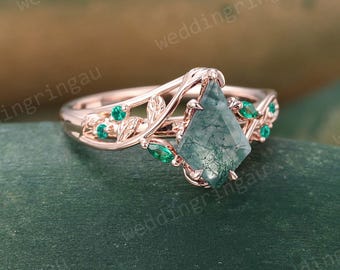Kite cut green moss agate ring Unique Rose gold Leaf ring Marquise cut emerald ring Branch Nature inspired ring Twig ring promise ring gift
