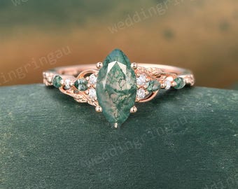 Marquise Cut Moss agate Engagement Ring Rose Gold Leaf Moissanite Ring Nature Inspired Ring Unique Gemstone Bridal Promise Ring for Her