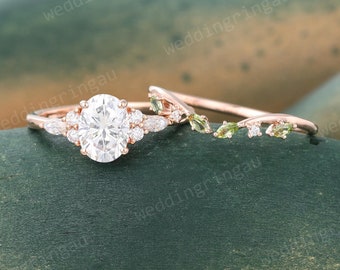 Oval cut Moissanite Engagement ring set Vintage Rose gold Moissanite engagement ring marquise cut Peridot wedding ring set Promise ring