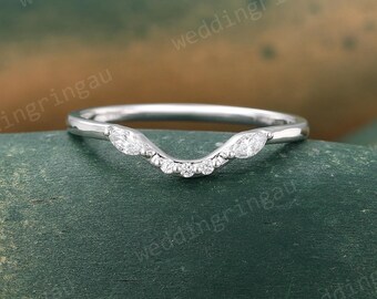 Diamond Curved wedding band Unique White gold Marquise cut Lab Grown diamond wedding band Custom Stacking band with your engagement rings