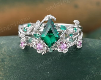 Kite cut Emerald Engagement ring set Vintage White gold Emerald ring band Floral Pink sapphire bridal ring set Unique Branch promise ring
