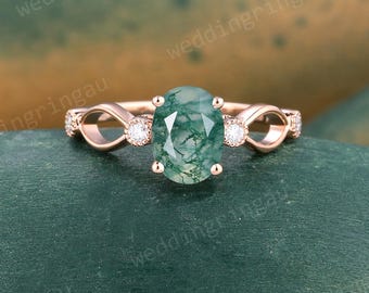 Art Deco Oval Moss Agate Engagement Ring Rose Gold Unique Green Gemstone Ring Women Diamond Milgrain Wedding Bridal Promise Ring