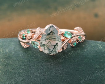 Pear shaped Moss agate ring Unique Rose gold Leaf engagement ring Marquise cut Emerald Branch ring Nature inspired ring Twig Promise ring