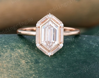 Vintage Hexagon Moissanite Engagement Ring Unique Rose Gold Baguette Cut Moissanite Halo Wedding Ring Art Deco Promise Anniversary Ring