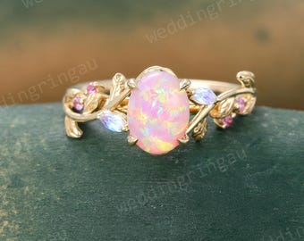 Oval Pink Opal Ring Unique Solid Yellow Gold Leaf Engagement Ring Marquise Cut Moonstone Pink Sapphire Ring Nature Inspired Twig Ring Gift