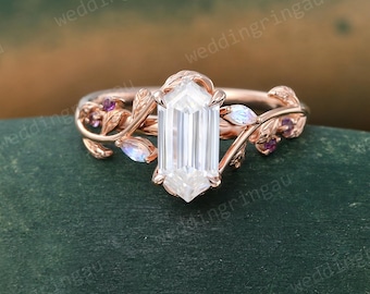Hexagon cut Moissanite ring Unique Rose Gold Leaf Engagement Ring Marquise cut Moonstone ring Amethyst ring Botanical ring Anniversary Gift