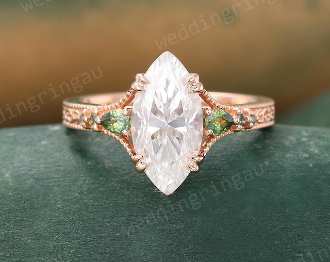 Featured listing image: 2 CT Moissanite engagement ring Vintage Rose gold marquise cut moissanite ring Pear cut teal sapphire ring Filigree ring Bridal Promise ring