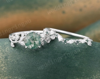 Round Cut Moss Agate Engagement Ring Set Vintage White Gold Leaf Marquise Moissanite Wedding Ring Set Nature inspired Twig Branch Ring
