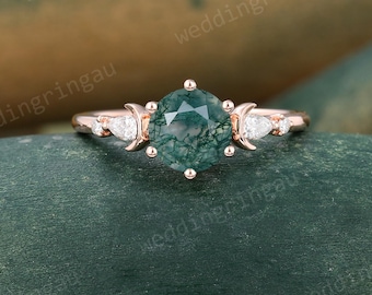Moon Design Moss Agate Ring Unique Round Cut Engagement Ring Rose Gold Pear Diamond Bridal Ring Five Stone Wedding Promise Anniversary Gift