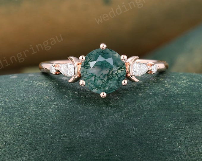 Featured listing image: Moon Design Moss Agate Ring Unique Round Cut Engagement Ring Rose Gold Pear Diamond Bridal Ring Five Stone Wedding Promise Anniversary Gift