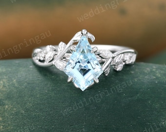 Kite Aquamarine Ring Vintage White Gold Engagement Ring Marquise Cut Moissanite Twig Branch Wedding Ring Bridal Nature Inspired Promise Ring