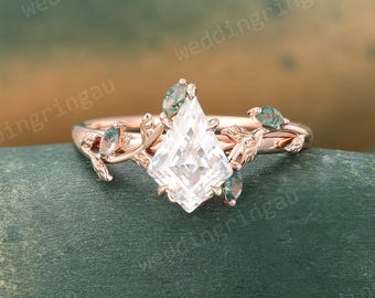 Kite Cut Moissanite Engagement Ring Unique Rose Gold Wedding Ring Marquise Leaf Ring Nature Inspired Moss Agate Twig Anniversary Ring