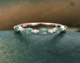 Marquise Cut Moss Agate Wedding Band Unique Rose Gold Wedding Ring Half Eternity Moissanite Band Stacking Matching Band Anniversary Ring