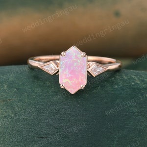 Hexagon cut Pink Opal engagement ring Unique rose gold ring Diamond Bezel set ring Kite cut Moissanite ring Bridal promise anniversary ring