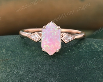 Hexagon cut Pink Opal engagement ring Unique rose gold ring Diamond Bezel set ring Kite cut Moissanite ring Bridal promise anniversary ring
