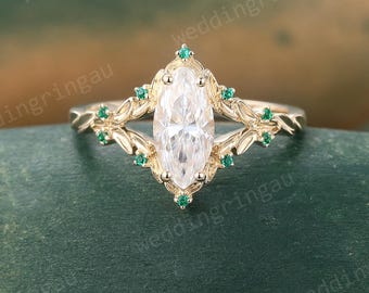 Nature Inspired Marquise Moissanite Engagement Ring Unique 14K Gold Filigree Emerald Promise Ring Art Deco Split Shank Proposal Ring