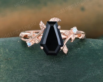 Coffin Cut Black Onyx Ring Unique Rose Gold Engagement Ring Moonstone Branch Ring Leaf Vintage Art Deco Nature Inspired Promise ring