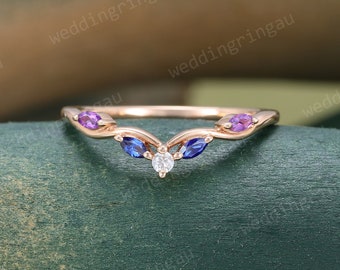 Blue sapphire wedding band Vintage rose gold Amethyst curved wedding band Moissanite Bridal art deco stacking matching band Anniversary ring