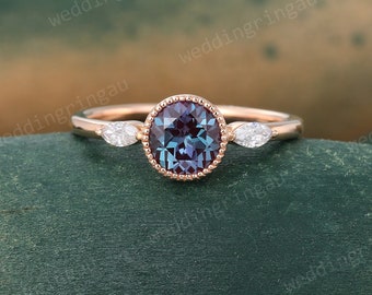 Round cut Alexandrite ring Vintage Rose gold engagement ring Marquise cut Moissanite ring Three stone ring Bridal wedding promise ring