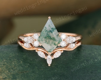 Rose gold vintage moss agate engagement ring set kite cut unique moissanite wedding band marquise cut diamond bridal set anniversary gift