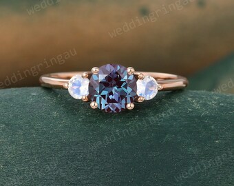 Round Alexandrite Engagement Ring Unique Rose Gold Moonstone Three Stone Ring Dainty June Birthstone Ring Bridal Wedding Ring Promise Ring