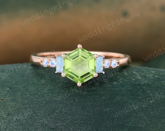 Hexagon cut peridot ring vintage rose gold engagement ring Unique baguette cut Lab Opal ring moonstone ring art deco bridal anniversary ring