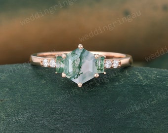 Hexagon cut Moss agate Engagement Ring Unique rose gold Baguette cut moss agate ring Round cut moissanite Wedding Ring art deco promise ring