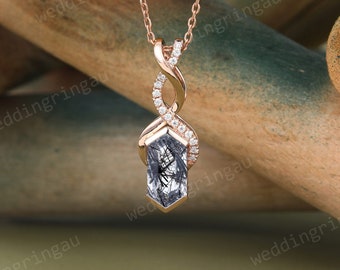 Black rutilated quartz necklace Unique Rose gold knot necklace pendant for women Moissanite Pave pendant art deco anniversary gift mother