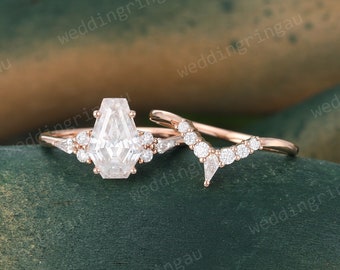 Coffin shaped Unique engagement ring Moissanite engagement ring set vintage rose gold kite cut diamond cluster bridal set anniversary gift