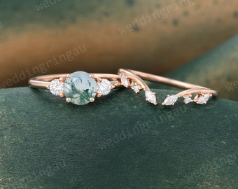 Unique Moss agate Engagement ring set Vintage Rose gold ring Marquise cut Moissanite Open wedding ring Diamond ring Art deco Promise ring