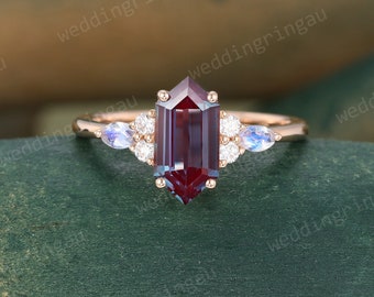 Hexagon cut Alexandrite engagement ring Rose gold marquise cut moonstone ring Moissanite ring 7 stone marriage ring bridal anniversary ring