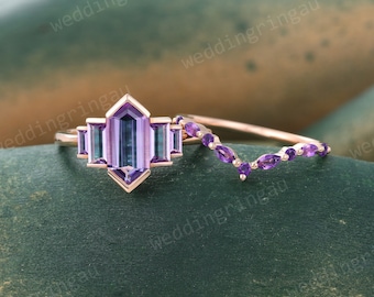 Amethyst Engagement ring set Vintage 14k Rose gold Hexagon cut Amethyst ring set Marquise cut Amethyst Curved wedding band Promise ring