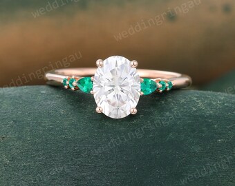 Oval cut Moissanite engagement ring Vintage Rose gold ring Pear shaped Lab Emerald ring Art deco Bridal promise anniversary ring for women