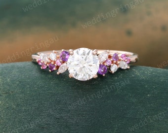 Round Moissanite engagement ring Unique Rose gold ring Amethyst Pink sapphire ring Marquise cut Diamond bridal anniversary ring for women