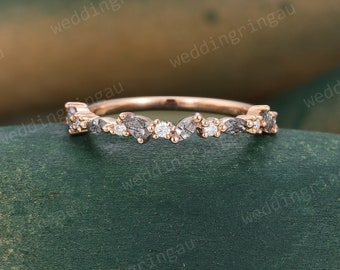 Black rutilated quartz wedding band vintage moissanite wedding band pear shaped rose gold marquise cut diamond women stacking anniversary