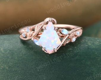 Kite cut White opal engagement ring Vintage Rose gold Leaf ring Marquise moonstone ring Branch Nature inspired ring Twig ring promise ring