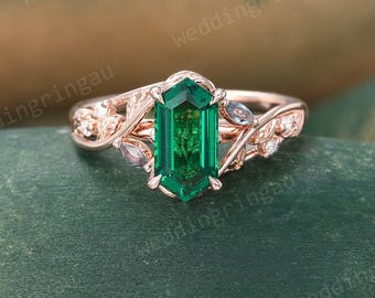 Hexagon cut Emerald engagement ring Vintage Rose gold Leaf ring Marquise alexandrite ring Branch Nature inspired ring Twig ring promise ring