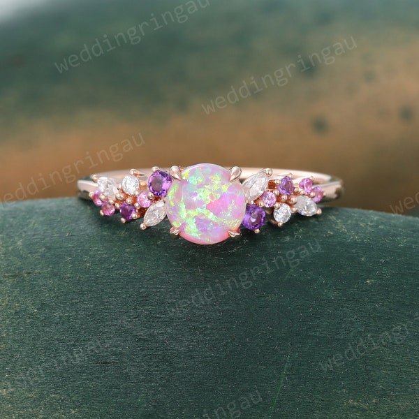 Pink Fire Opal ring Unique Rose gold Cluster engagement ring Round cut Amethyst Pink sapphire ring Diamond bridal anniversary ring for women