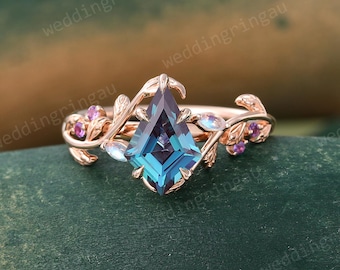 Kite cut Alexandrite ring Unique Rose gold Leaf engagement ring Marquise cut Moonstone ring Amethyst ring Nature inspired Twig ring Gift
