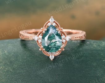 Vintage Pear Shaped Moss Agate Engagement Ring Rose Gold Filigree Milgrain Wedding Ring Art Deco Diamond Halo Promise Anniversary Ring