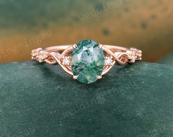 Oval Moss Agate Engagement Ring Vintage Rose Gold Green Agate Ring Women Diamond Twisted Hollow Wedding Ring Bridal Promise Ring