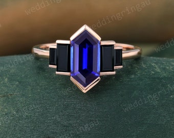 Hexagon cut Blue sapphire Engagement ring Unique Rose gold ring Baguette cut black onyx ring Bezel ring Birthstone ring anniversary ring